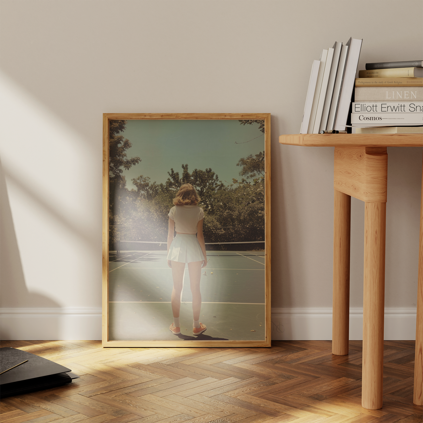 A woman stands poised on a luxury tennis court, captured in a quiet moment of focus in this fine art tennis print. Surrounded by sunlit trees and soft shadows, the scene blends elegance and sport in a timeless composition. Perfect for high-end home decor, tennis-inspired interior design, and collectors of modern tennis artwork or premium tennis wall art, this piece speaks to refined taste and love for the game.