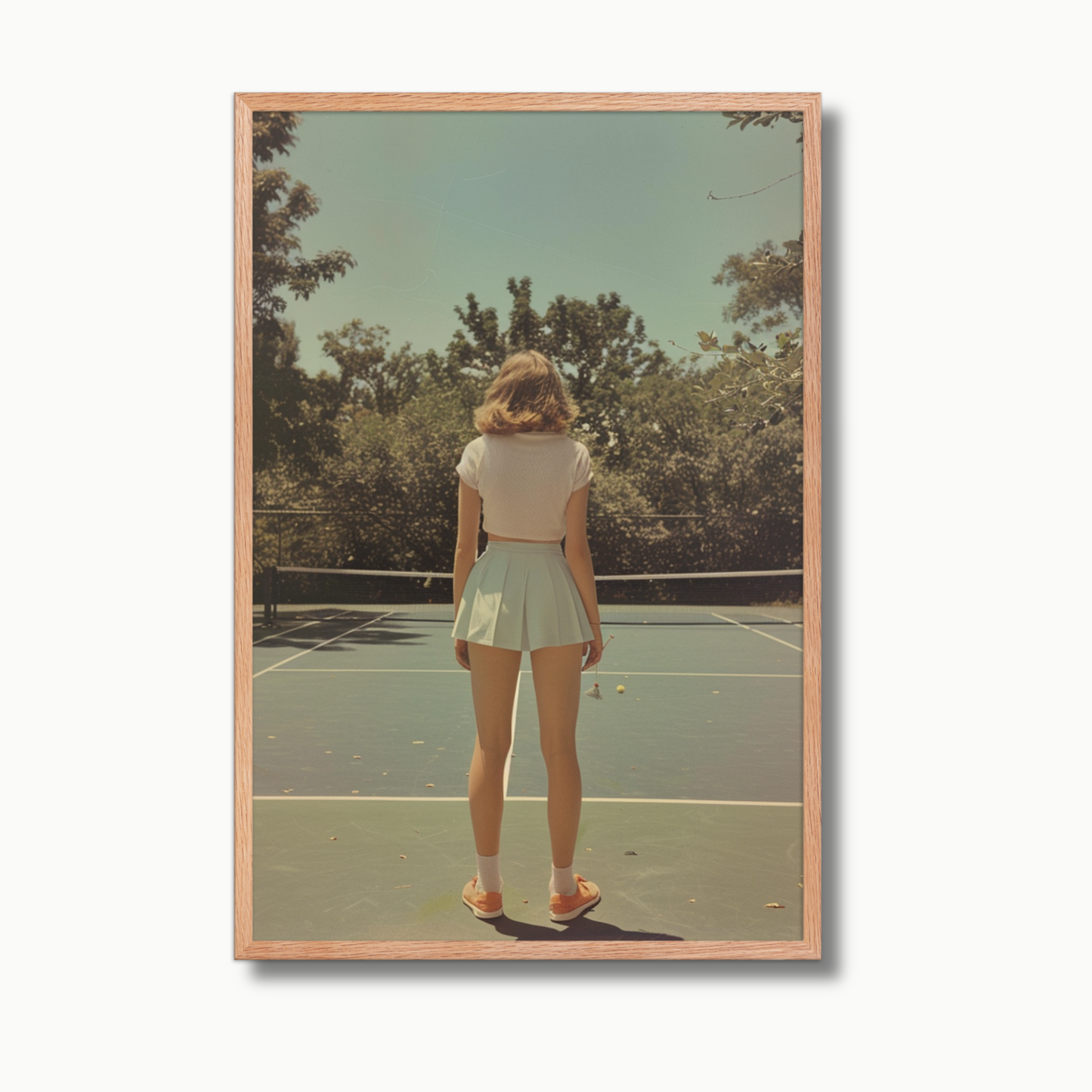 A woman stands poised on a luxury tennis court, captured in a quiet moment of focus in this fine art tennis print. Surrounded by sunlit trees and soft shadows, the scene blends elegance and sport in a timeless composition. Perfect for high-end home decor, tennis-inspired interior design, and collectors of modern tennis artwork or premium tennis wall art, this piece speaks to refined taste and love for the game.