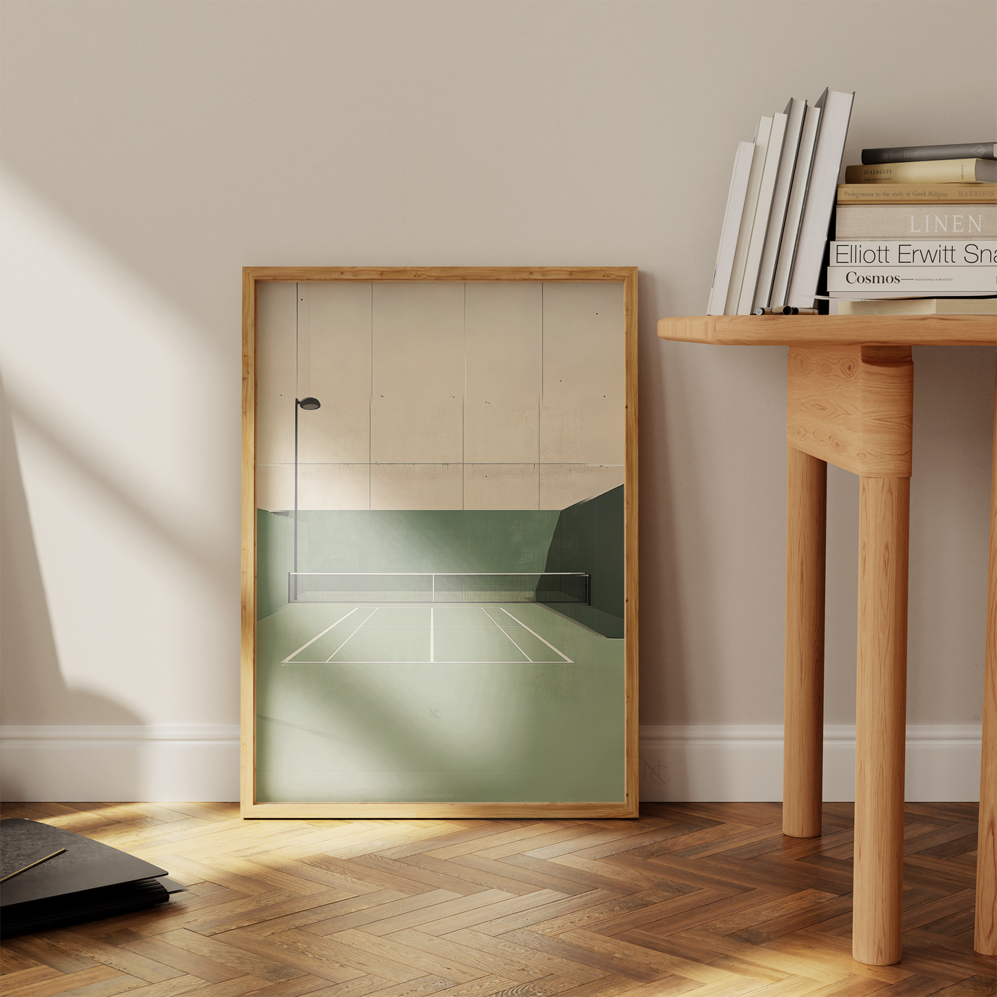 Photorealistic luxury tennis wall art depicting a top-down view of a green clay tennis court with crisp white boundary lines, soft shadows, and minimalist composition. The court is empty, evoking calm and elegance. This high-end tennis artwork is ideal for tennis enthusiasts, sports art collectors, and upscale spaces seeking tennis-themed decor for modern homes, country clubs, or private tennis lounges.