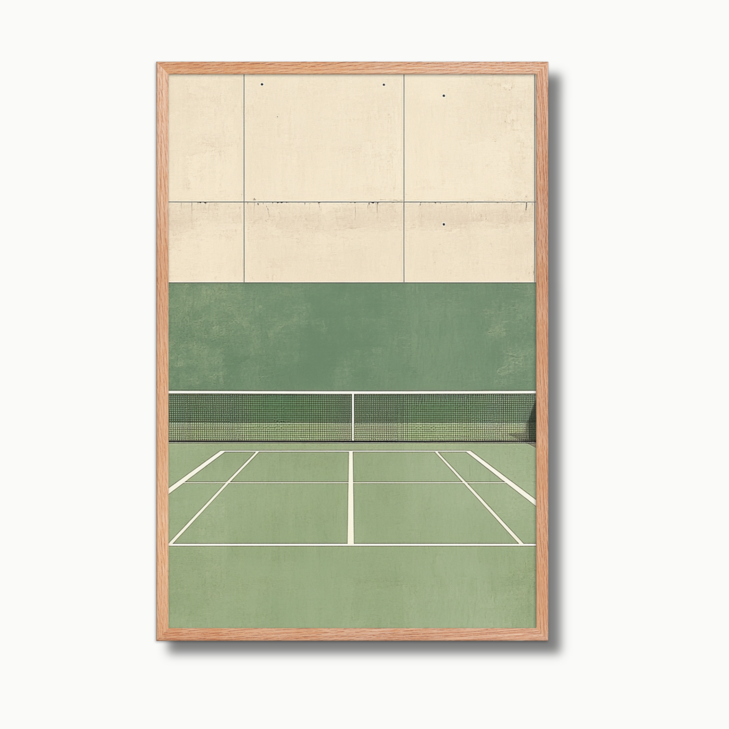 Photorealistic luxury tennis wall art depicting a top-down view of a green clay tennis court with crisp white boundary lines, soft shadows, and minimalist composition. The court is empty, evoking calm and elegance. This high-end tennis artwork is ideal for tennis enthusiasts, sports art collectors, and upscale spaces seeking tennis-themed decor for modern homes, country clubs, or private tennis lounges.