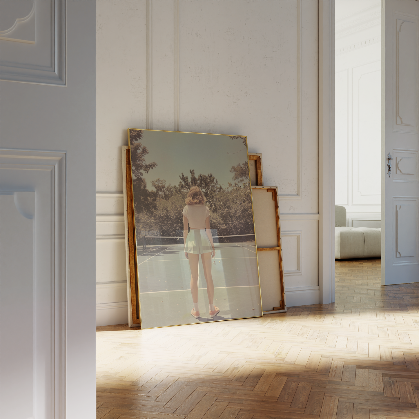 A woman stands poised on a luxury tennis court, captured in a quiet moment of focus in this fine art tennis print. Surrounded by sunlit trees and soft shadows, the scene blends elegance and sport in a timeless composition. Perfect for high-end home decor, tennis-inspired interior design, and collectors of modern tennis artwork or premium tennis wall art, this piece speaks to refined taste and love for the game.