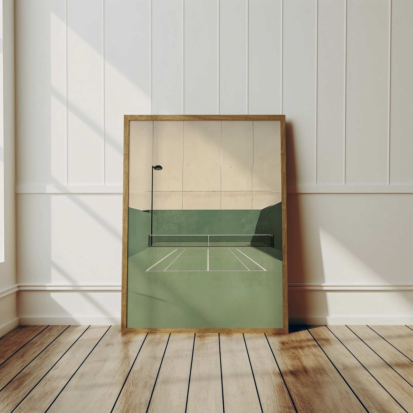 Photorealistic luxury tennis wall art depicting a top-down view of a green clay tennis court with crisp white boundary lines, soft shadows, and minimalist composition. The court is empty, evoking calm and elegance. This high-end tennis artwork is ideal for tennis enthusiasts, sports art collectors, and upscale spaces seeking tennis-themed decor for modern homes, country clubs, or private tennis lounges.
