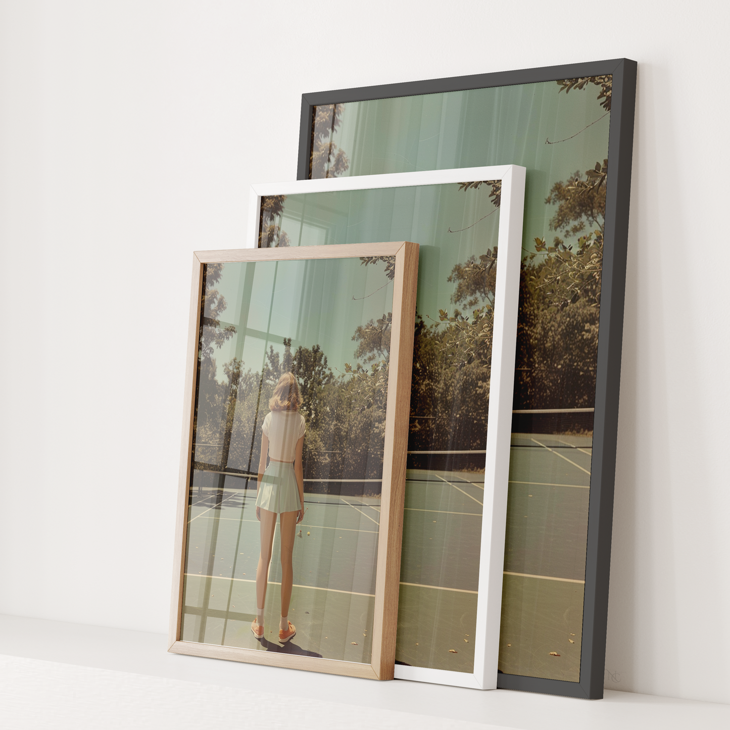 A woman stands poised on a luxury tennis court, captured in a quiet moment of focus in this fine art tennis print. Surrounded by sunlit trees and soft shadows, the scene blends elegance and sport in a timeless composition. Perfect for high-end home decor, tennis-inspired interior design, and collectors of modern tennis artwork or premium tennis wall art, this piece speaks to refined taste and love for the game.