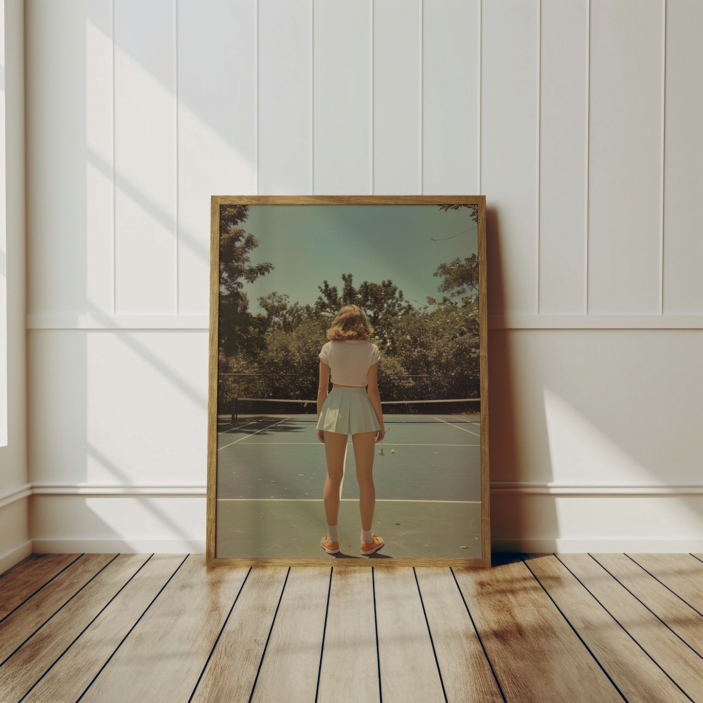 A woman stands poised on a luxury tennis court, captured in a quiet moment of focus in this fine art tennis print. Surrounded by sunlit trees and soft shadows, the scene blends elegance and sport in a timeless composition. Perfect for high-end home decor, tennis-inspired interior design, and collectors of modern tennis artwork or premium tennis wall art, this piece speaks to refined taste and love for the game.