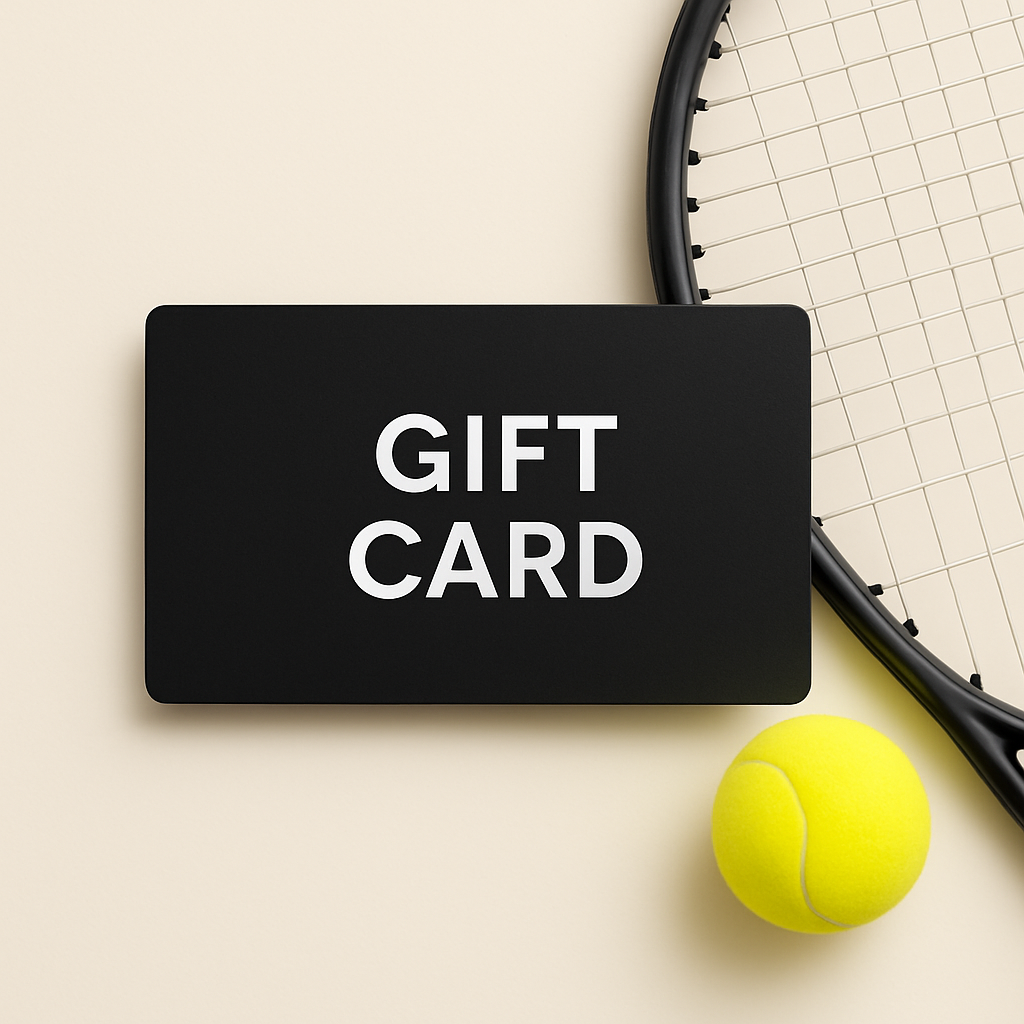 Luxury tennis gift card with black card, yellow tennis ball, and black tennis racket on an ivory background – ideal for premium tennis gift collection.