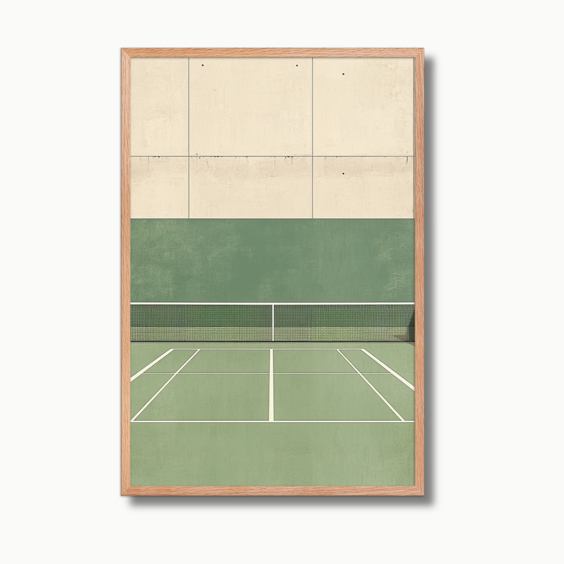 Photorealistic luxury tennis wall art depicting a top-down view of a green clay tennis court with crisp white boundary lines, soft shadows, and minimalist composition. The court is empty, evoking calm and elegance. This high-end tennis artwork is ideal for tennis enthusiasts, sports art collectors, and upscale spaces seeking tennis-themed decor for modern homes, country clubs, or private tennis lounges.