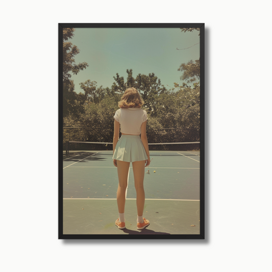 A woman stands poised on a luxury tennis court, captured in a quiet moment of focus in this fine art tennis print. Surrounded by sunlit trees and soft shadows, the scene blends elegance and sport in a timeless composition. Perfect for high-end home decor, tennis-inspired interior design, and collectors of modern tennis artwork or premium tennis wall art, this piece speaks to refined taste and love for the game.