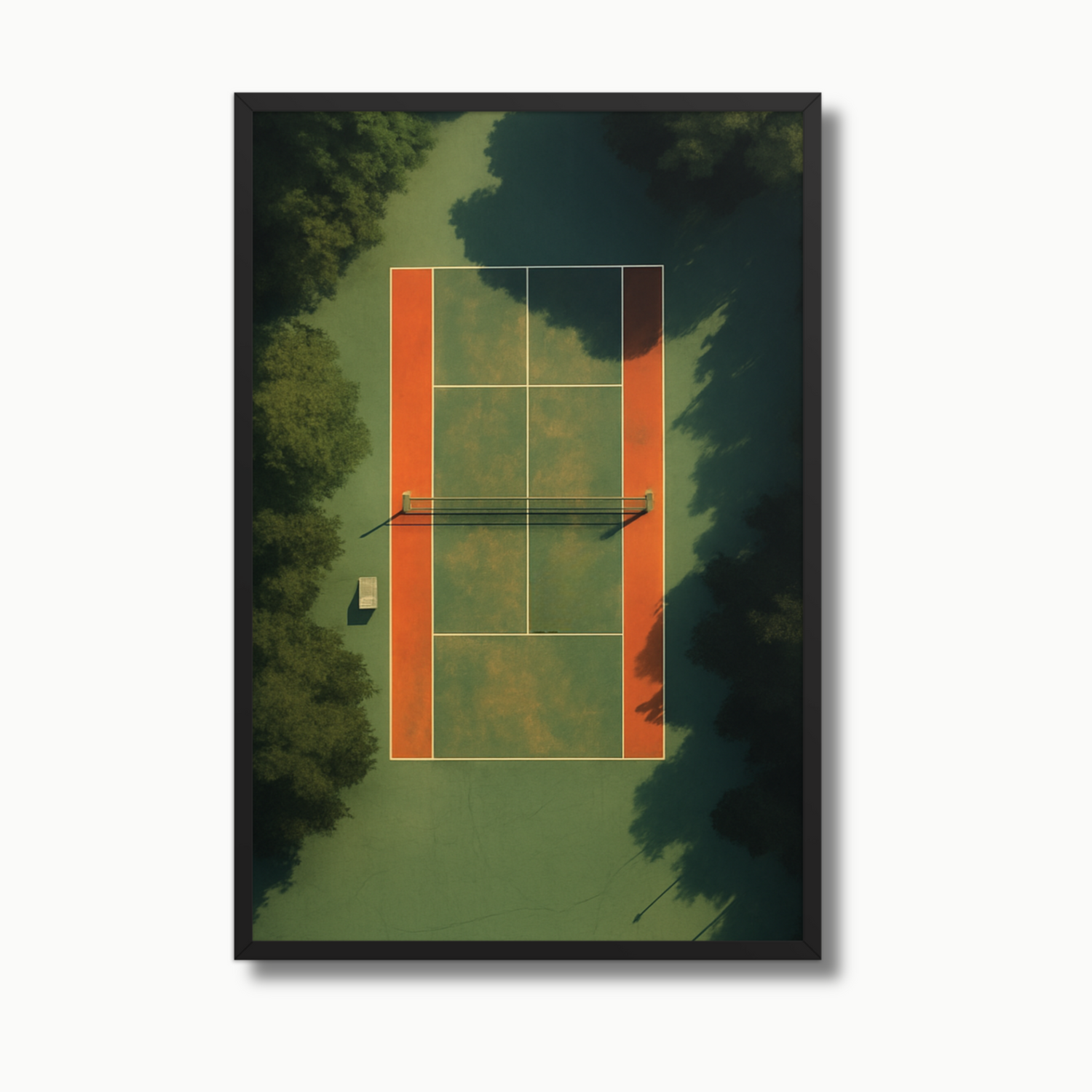 A luxury tennis court wall art print featuring an aerial green and clay court with textured brush strokes, perfect for upscale interiors and sports-inspired home decor. This modern tennis poster blends abstract tennis artwork with contemporary design, ideal for collectors, tennis enthusiasts, and interior designers seeking premium tennis-themed wall decor, athletic room art, or high-end sports prints for elegant living spaces.