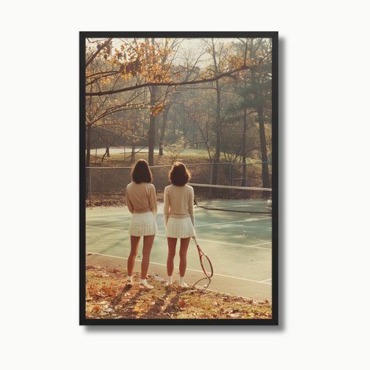 Vintage-inspired tennis wall art featuring two women in classic white tennis outfits standing on an outdoor court during golden hour in autumn. This luxury tennis photography print blends elegant fall decor with timeless tennis home aesthetics. Ideal for upscale interiors, gallery walls, or sports-themed rooms. A perfect choice for collectors seeking vintage tennis photography, classic sports art, and high-end golden hour photography prints.