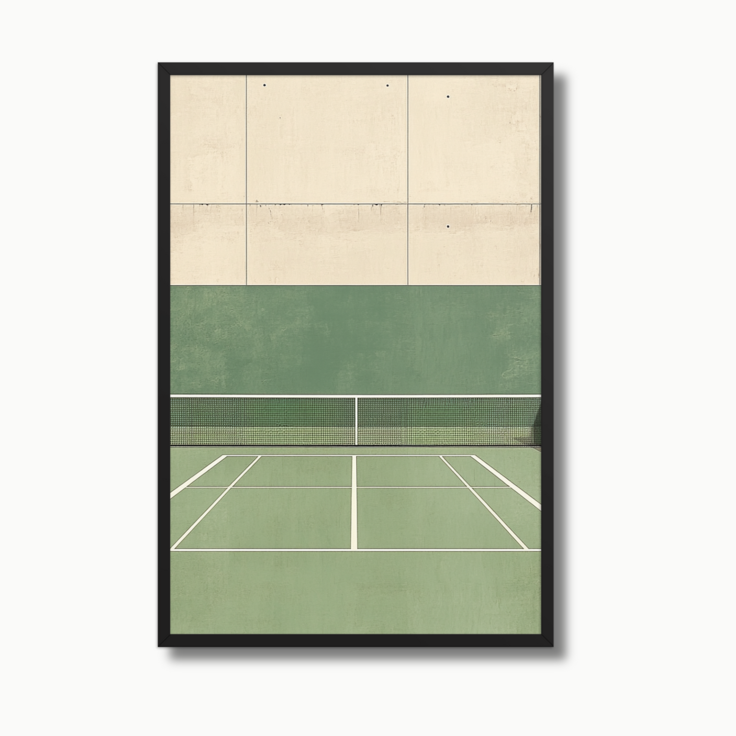 Photorealistic luxury tennis wall art depicting a top-down view of a green clay tennis court with crisp white boundary lines, soft shadows, and minimalist composition. The court is empty, evoking calm and elegance. This high-end tennis artwork is ideal for tennis enthusiasts, sports art collectors, and upscale spaces seeking tennis-themed decor for modern homes, country clubs, or private tennis lounges.