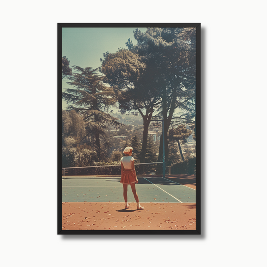 Luxury tennis wall art featuring a serene green tennis court surrounded by pine trees and bathed in warm sunlight. This modern tennis artwork captures a tranquil moment in sport, perfect for high-end athletic home decor, minimalist sports-inspired interiors, or tennis lovers seeking designer tennis prints. Elegant tennis wall decor ideal for upscale homes, stylish offices, or gallery-style display.