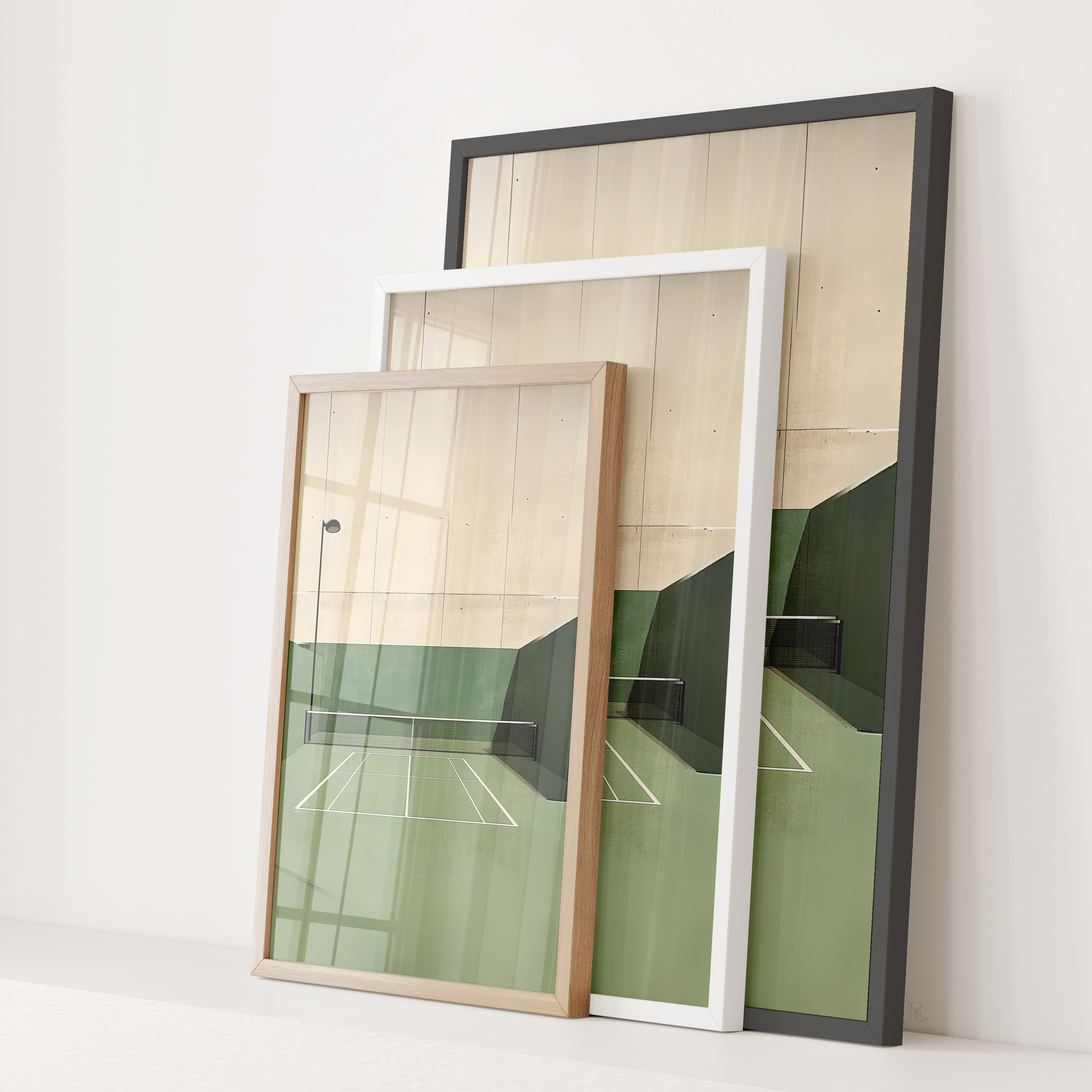 Photorealistic luxury tennis wall art depicting a top-down view of a green clay tennis court with crisp white boundary lines, soft shadows, and minimalist composition. The court is empty, evoking calm and elegance. This high-end tennis artwork is ideal for tennis enthusiasts, sports art collectors, and upscale spaces seeking tennis-themed decor for modern homes, country clubs, or private tennis lounges.