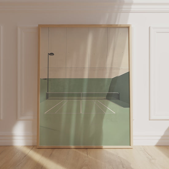 Photorealistic luxury tennis wall art depicting a top-down view of a green clay tennis court with crisp white boundary lines, soft shadows, and minimalist composition. The court is empty, evoking calm and elegance. This high-end tennis artwork is ideal for tennis enthusiasts, sports art collectors, and upscale spaces seeking tennis-themed decor for modern homes, country clubs, or private tennis lounges.