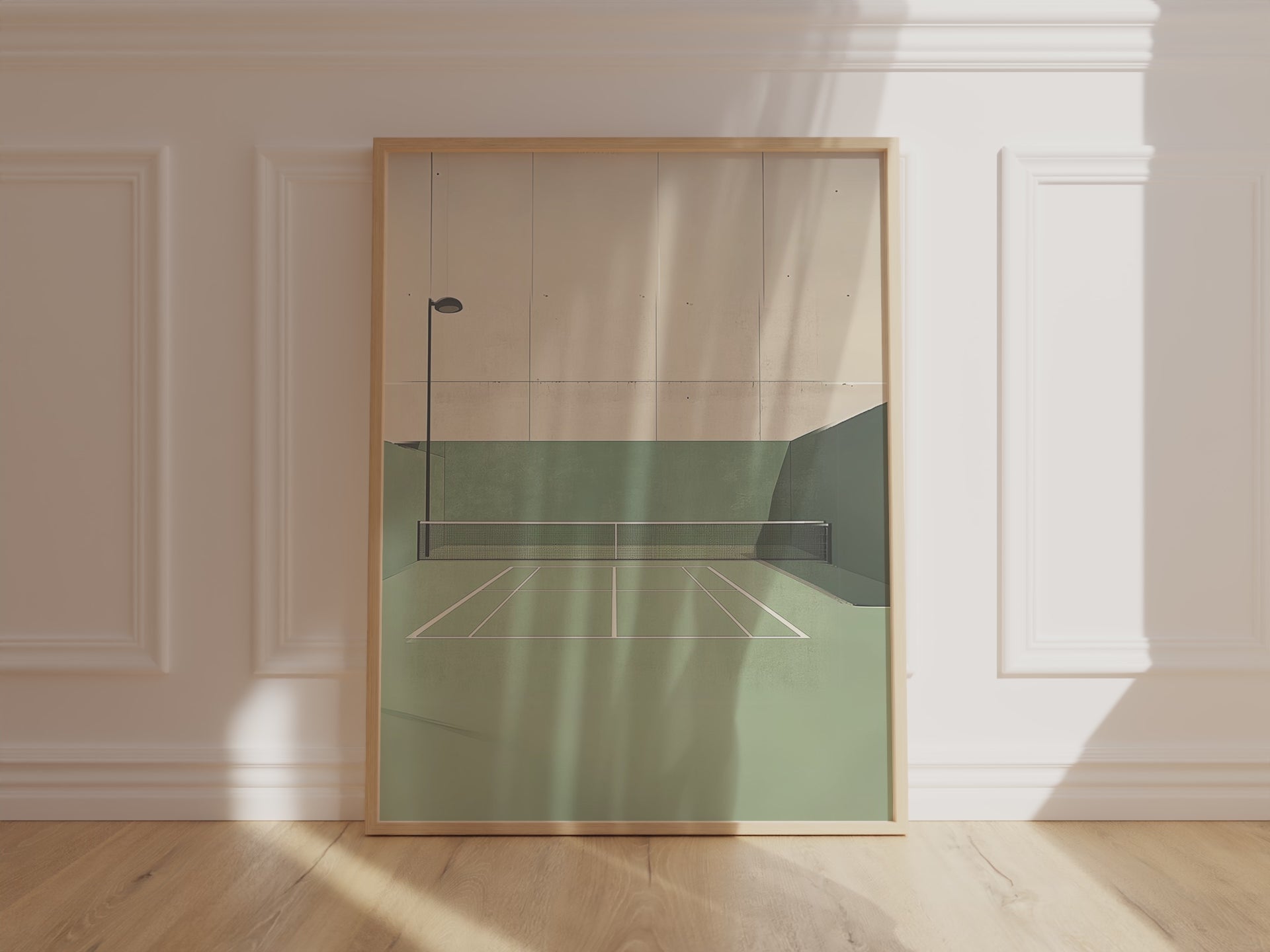 Photorealistic luxury tennis wall art depicting a top-down view of a green clay tennis court with crisp white boundary lines, soft shadows, and minimalist composition. The court is empty, evoking calm and elegance. This high-end tennis artwork is ideal for tennis enthusiasts, sports art collectors, and upscale spaces seeking tennis-themed decor for modern homes, country clubs, or private tennis lounges.