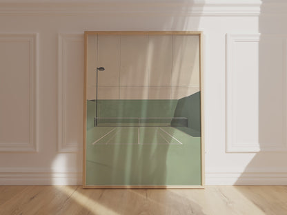 Photorealistic luxury tennis wall art depicting a top-down view of a green clay tennis court with crisp white boundary lines, soft shadows, and minimalist composition. The court is empty, evoking calm and elegance. This high-end tennis artwork is ideal for tennis enthusiasts, sports art collectors, and upscale spaces seeking tennis-themed decor for modern homes, country clubs, or private tennis lounges.